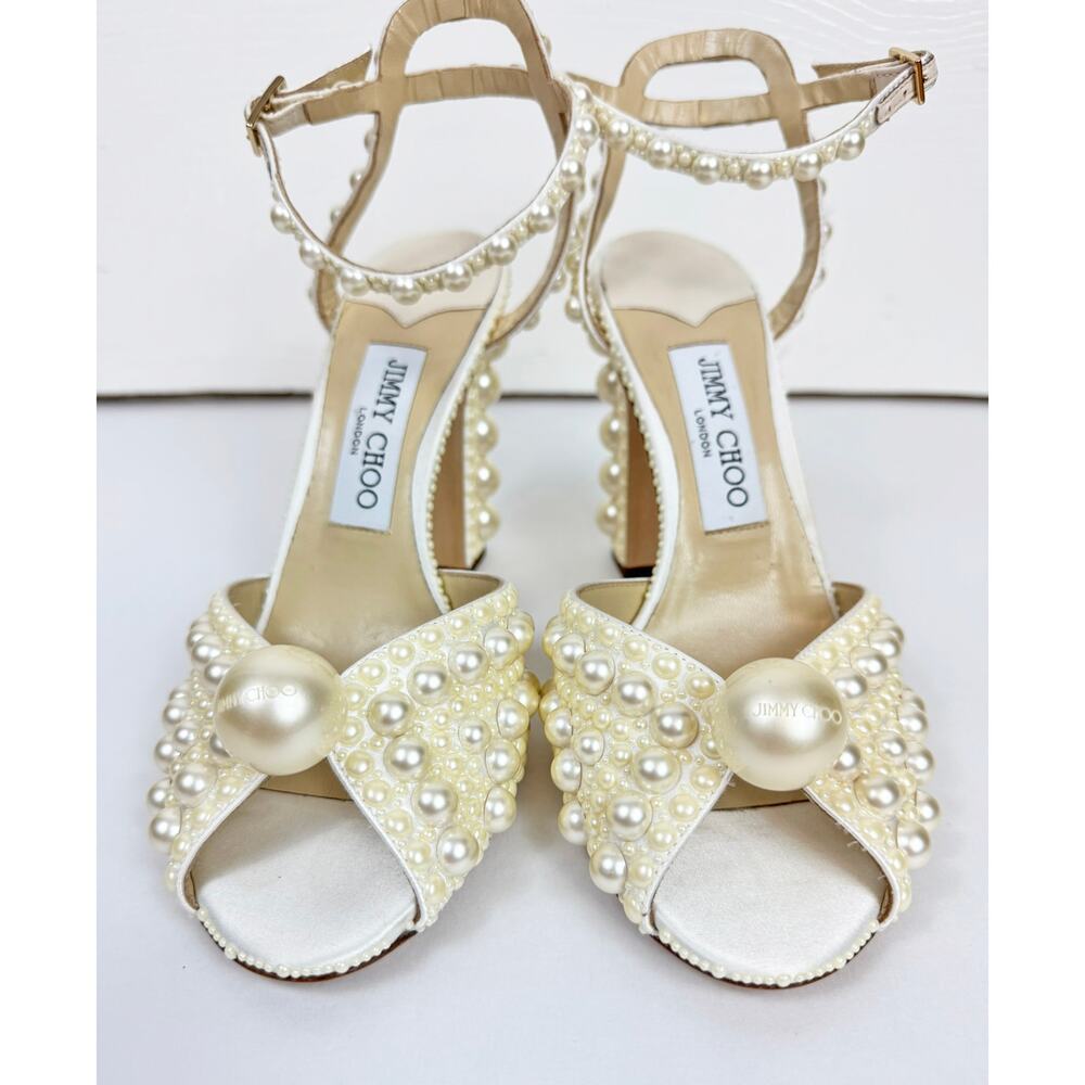 ❗️SOLD❗️JIMMY CHOO SACARIA 100 PEARL EMBELLISHED BLOCK HEEL SANDALS - Picture 6 of 11